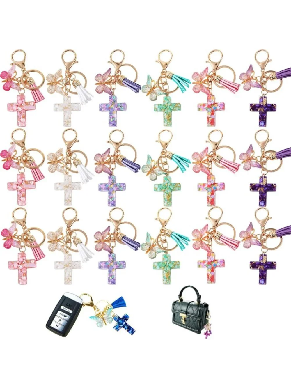 Christian Keychain with Butterfly Tassels, Resin Jesus Charm for Bags & Cars